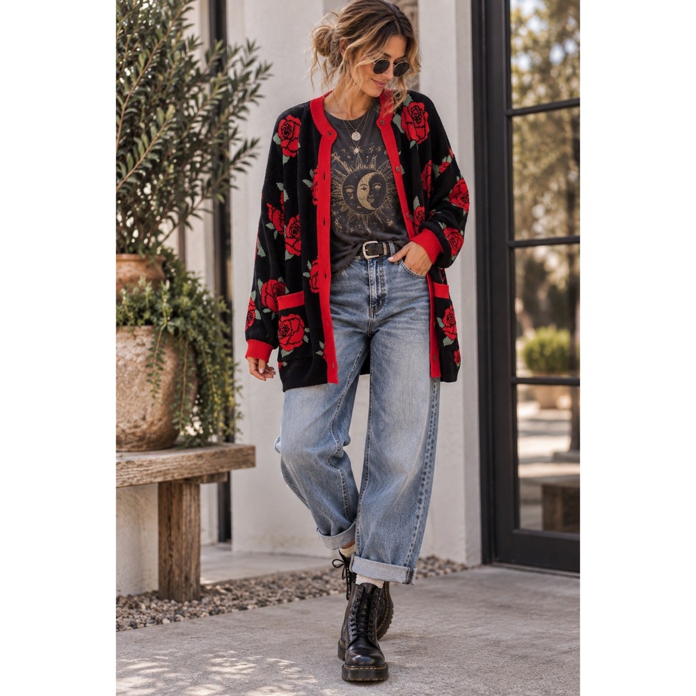 Lazy Oaf Womens Black Red Rose Floral Oversized Button Front Cardigan Sweater S